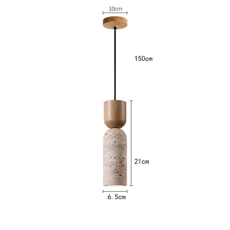 Wabi Sabi Travertine and Wood Pendant Light, Japanese Minimalist Stone Hanging Lamp for Bedroom, Bedside, Living Room and Dining Room