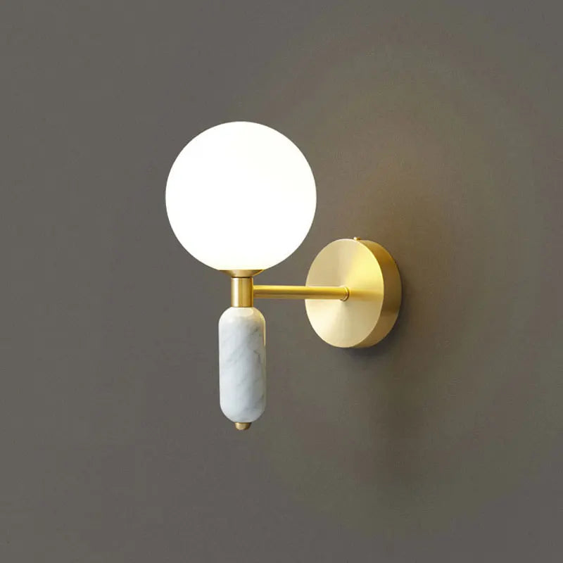 Marble and Glass Wall Lamp, Minimalist Stone Backplate Sconce, Soft Glass Shade Wall Light for Living Room, Bedroom and Hallway