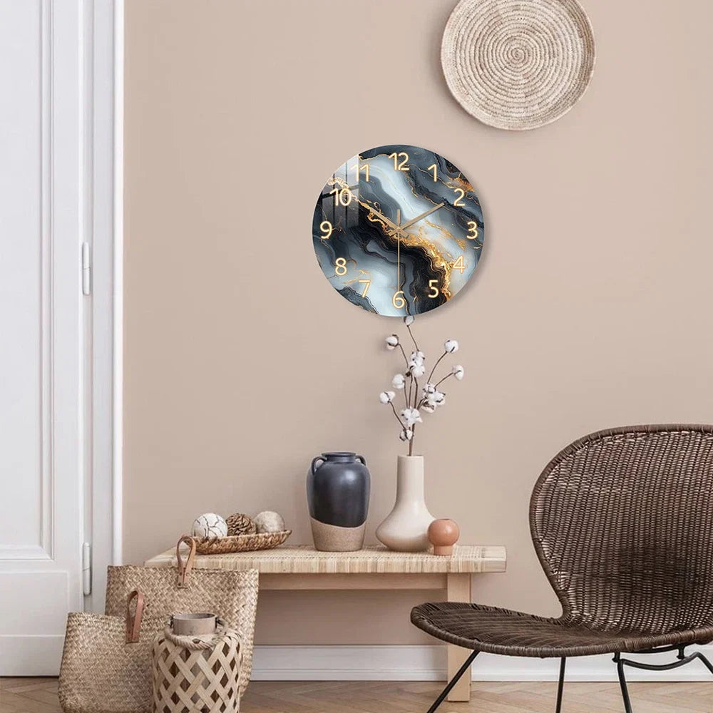 Blue and Gold Marble Wall Clock, Luxury Silent Sweep Solid Wood Clock for Living Room, Bedroom, Hallway and Kitchen