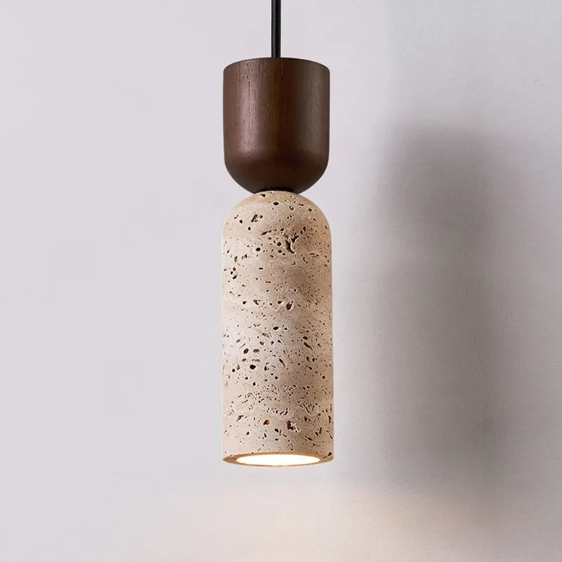 Wabi Sabi Travertine and Wood Pendant Light, Japanese Minimalist Stone Hanging Lamp for Bedroom, Bedside, Living Room and Dining Room