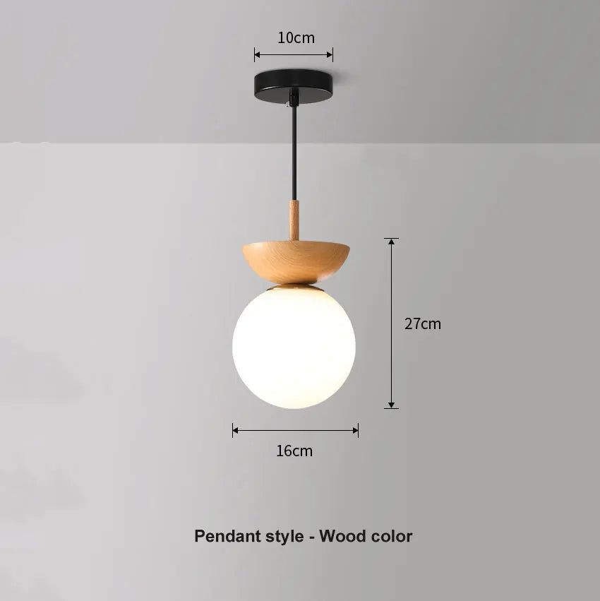 Modern Nordic Glass Ball Ceiling and Pendant Light, Scandinavian Solid Wood and Glass Hanging Lamp for Dining Room, Bedroom and Hallway