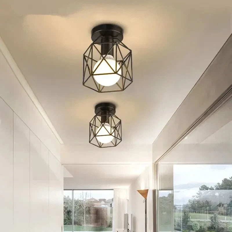 Modern Gold Ceiling Light, Minimalist Geometric Brushed Metal Cage Lamp for Living Room, Bedroom, Hallway and Dining Room