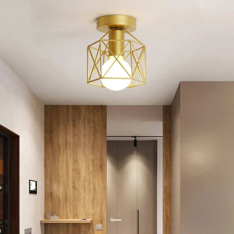 Modern Gold Ceiling Light, Minimalist Geometric Brushed Metal Cage Lamp for Living Room, Bedroom, Hallway and Dining Room
