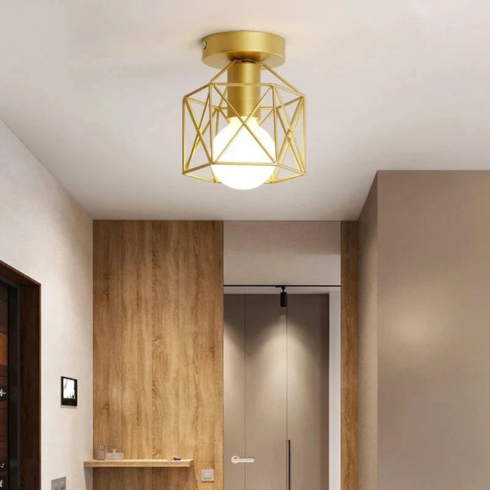 Modern Gold Ceiling Light, Minimalist Geometric Brushed Metal Cage Lamp for Living Room, Bedroom, Hallway and Dining Room