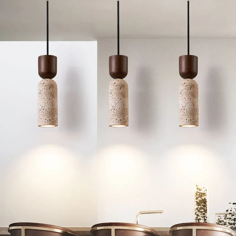 Wabi Sabi Travertine and Wood Pendant Light, Japanese Minimalist Stone Hanging Lamp for Bedroom, Bedside, Living Room and Dining Room