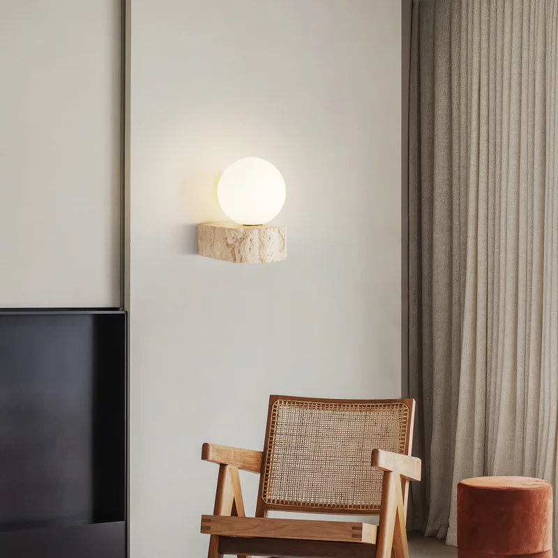 Travertine Stone Wall Lamp, Minimalist Japanese Style Stone LED Sconce, Warm Wall Light for Living Room, Bedroom, Hallway and Stairwell