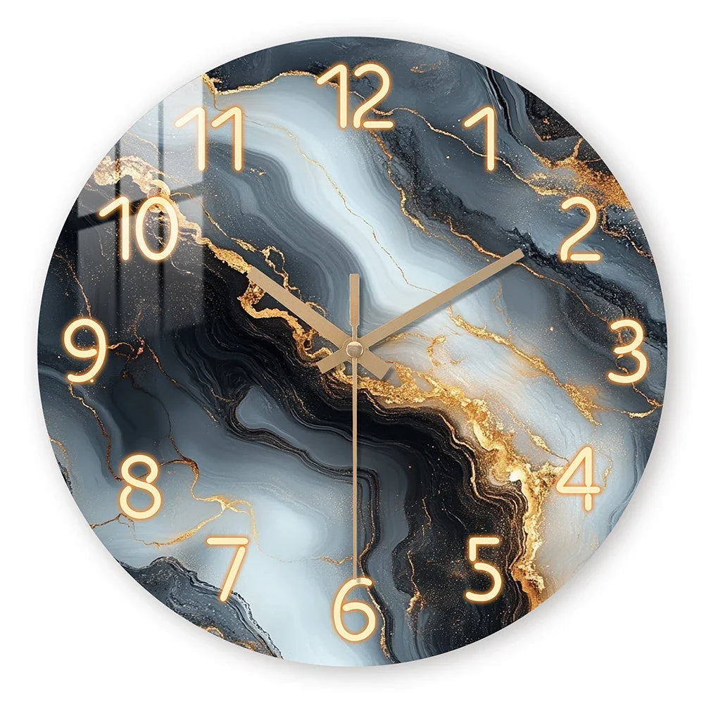 Blue and Gold Marble Wall Clock, Luxury Silent Sweep Solid Wood Clock for Living Room, Bedroom, Hallway and Kitchen