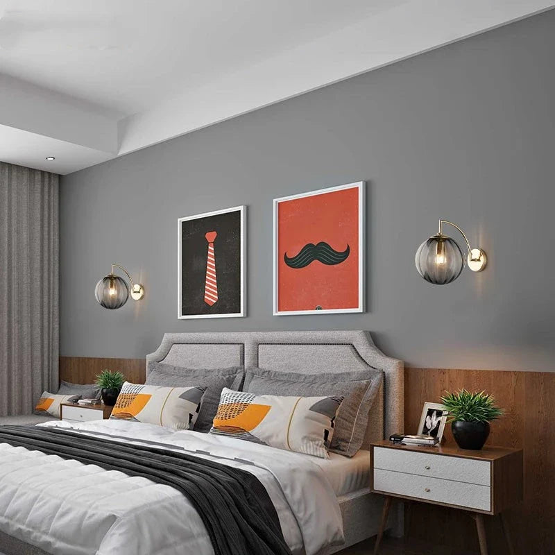 Modern Glass Ball Wall Lamp, Minimalist Tinted Glass and Brass Sconce, Concealed Fitting Wall Light for Living Room, Bedroom and Hallway