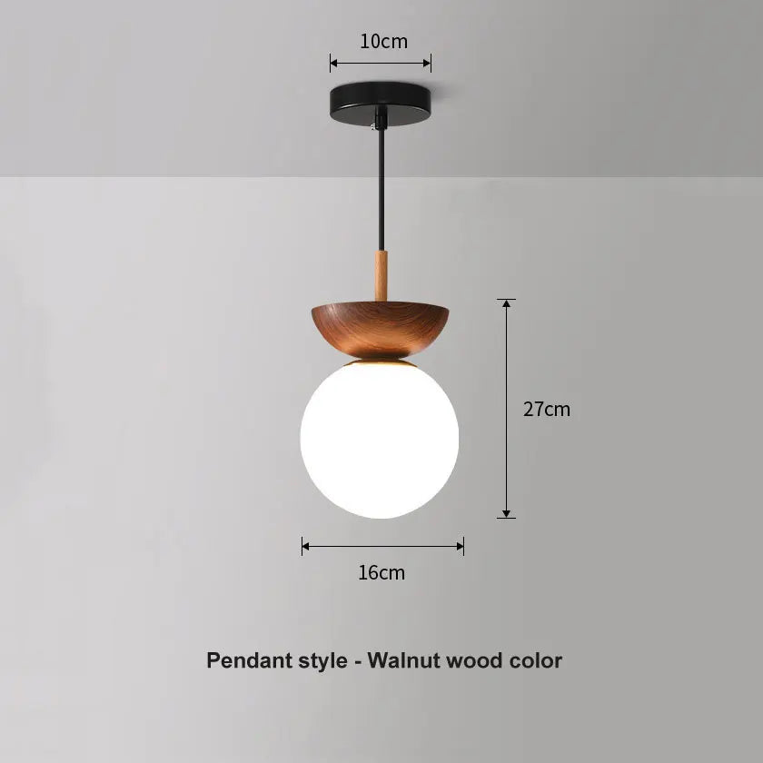 Modern Nordic Glass Ball Ceiling and Pendant Light, Scandinavian Solid Wood and Glass Hanging Lamp for Dining Room, Bedroom and Hallway
