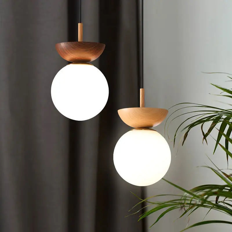 Modern Nordic Glass Ball Ceiling and Pendant Light, Scandinavian Solid Wood and Glass Hanging Lamp for Dining Room, Bedroom and Hallway