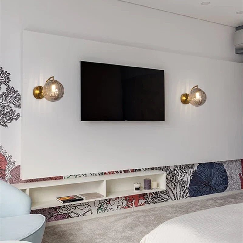 Modern Glass Ball Wall Lamp, Minimalist Tinted Glass and Brass Sconce, Concealed Fitting Wall Light for Living Room, Bedroom and Hallway