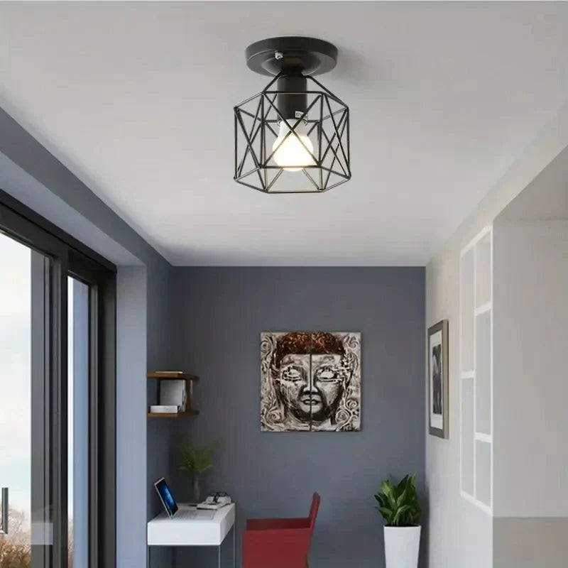 Modern Gold Ceiling Light, Minimalist Geometric Brushed Metal Cage Lamp for Living Room, Bedroom, Hallway and Dining Room
