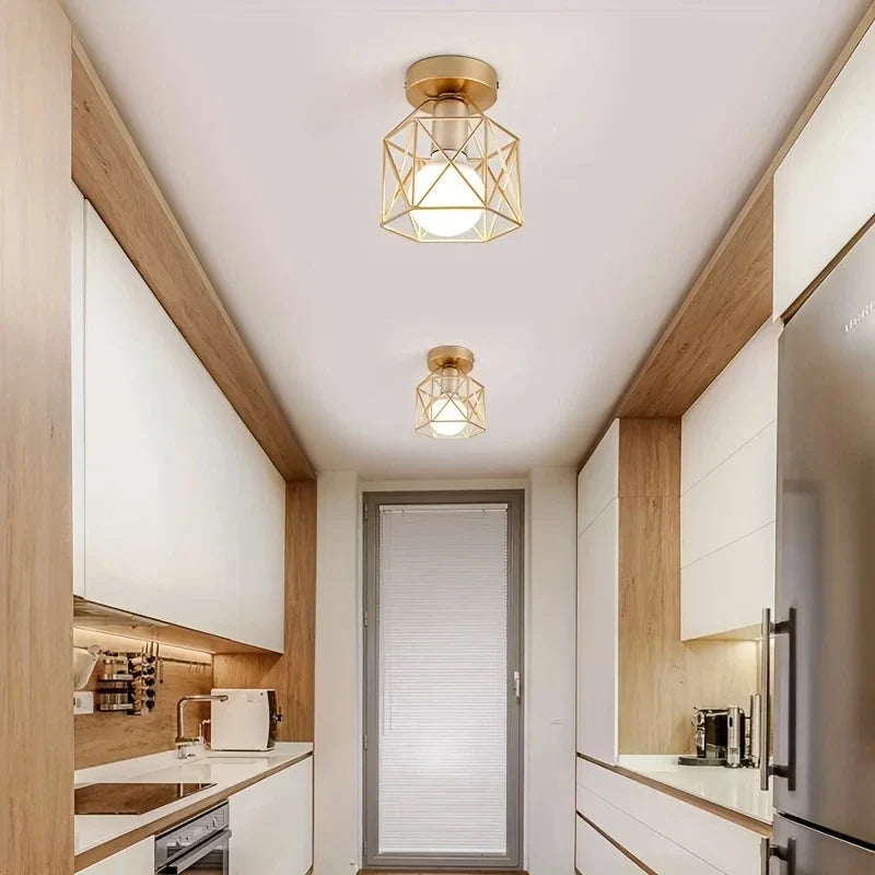 Modern Gold Ceiling Light, Minimalist Geometric Brushed Metal Cage Lamp for Living Room, Bedroom, Hallway and Dining Room