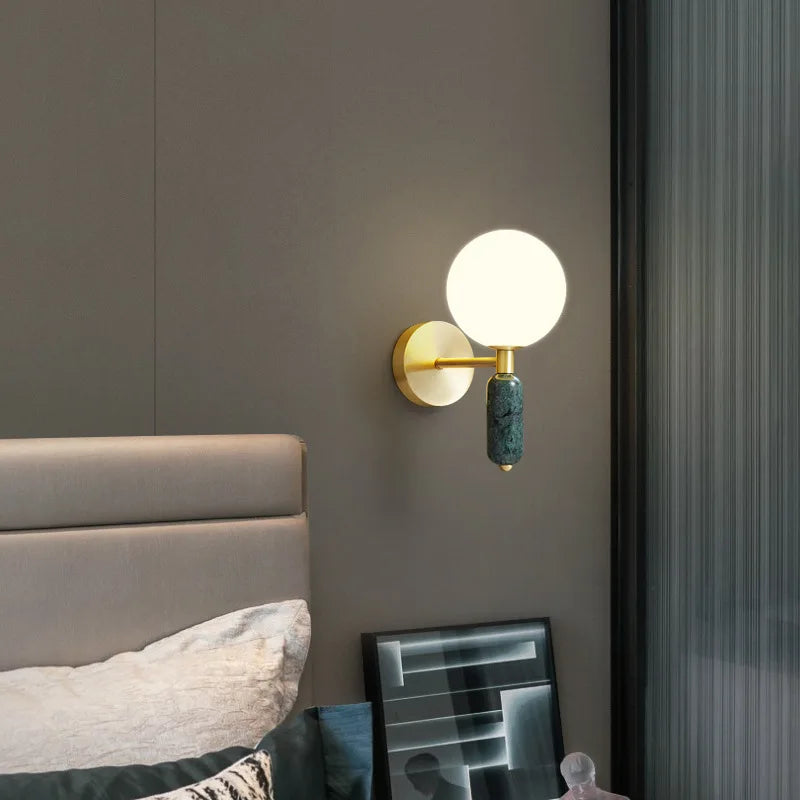 Marble and Glass Wall Lamp, Minimalist Stone Backplate Sconce, Soft Glass Shade Wall Light for Living Room, Bedroom and Hallway