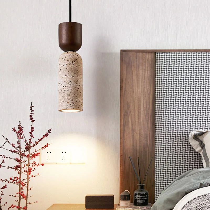 Wabi Sabi Travertine and Wood Pendant Light, Japanese Minimalist Stone Hanging Lamp for Bedroom, Bedside, Living Room and Dining Room