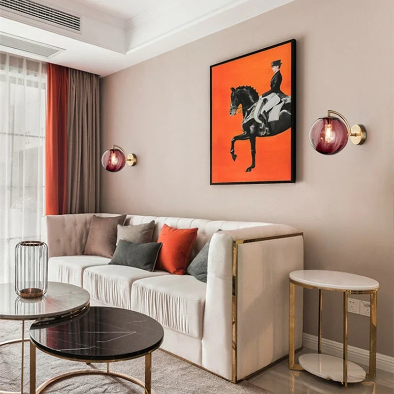 Modern Glass Ball Wall Lamp, Minimalist Tinted Glass and Brass Sconce, Concealed Fitting Wall Light for Living Room, Bedroom and Hallway