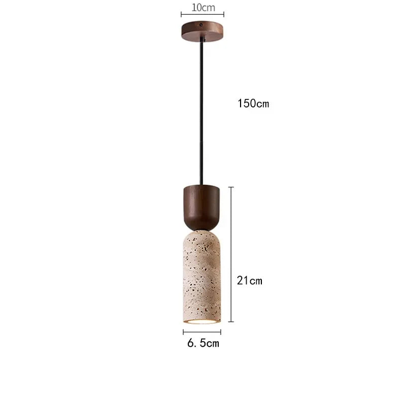 Wabi Sabi Travertine and Wood Pendant Light, Japanese Minimalist Stone Hanging Lamp for Bedroom, Bedside, Living Room and Dining Room