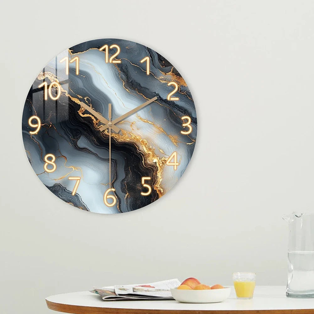 Blue and Gold Marble Wall Clock, Luxury Silent Sweep Solid Wood Clock for Living Room, Bedroom, Hallway and Kitchen
