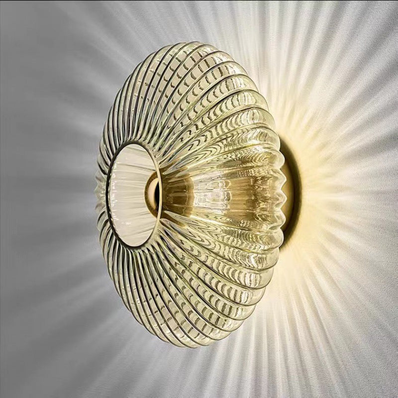 Nordic Vintage Glass Wall Sconce, Scandinavian Ribbed Glass Disc Wall Light for Living Room, Bedroom and Hallway