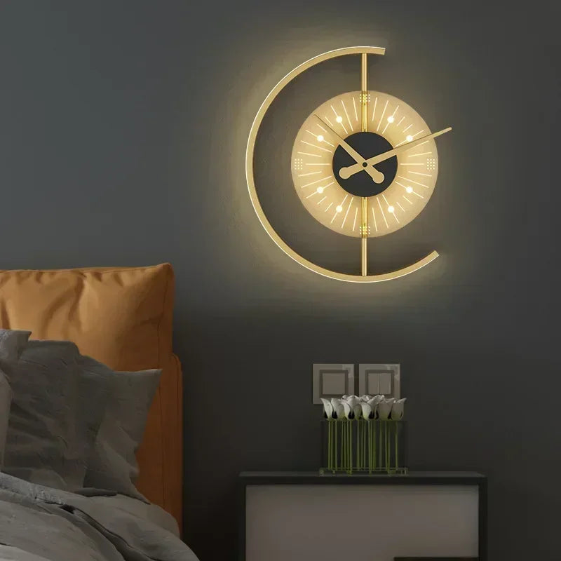 Lunaris Wall Lamp Clock, Minimalist LED Wall Sconce and Silent Wall Clock for Living Room, Bedroom, Hallway and Home Office
