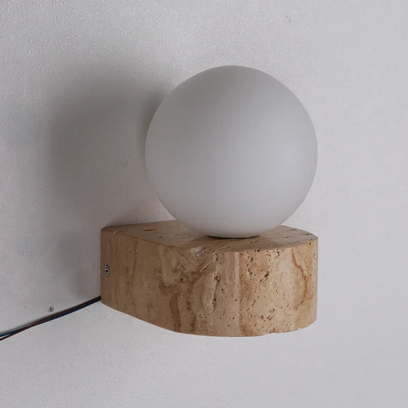 Travertine Stone Wall Lamp, Minimalist Japanese Style Stone LED Sconce, Warm Wall Light for Living Room, Bedroom, Hallway and Stairwell