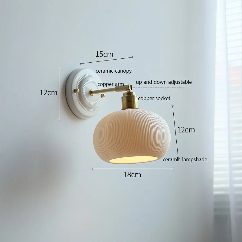 Nordic Cream Ceramic Wall Lamp, Scandinavian Ceramic and Stone Wall Sconce for Living Room, Bedroom and Hallway