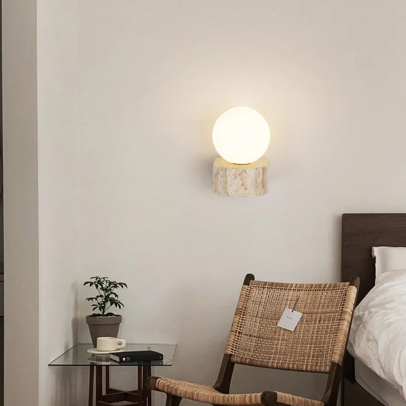 Travertine Stone Wall Lamp, Minimalist Japanese Style Stone LED Sconce, Warm Wall Light for Living Room, Bedroom, Hallway and Stairwell