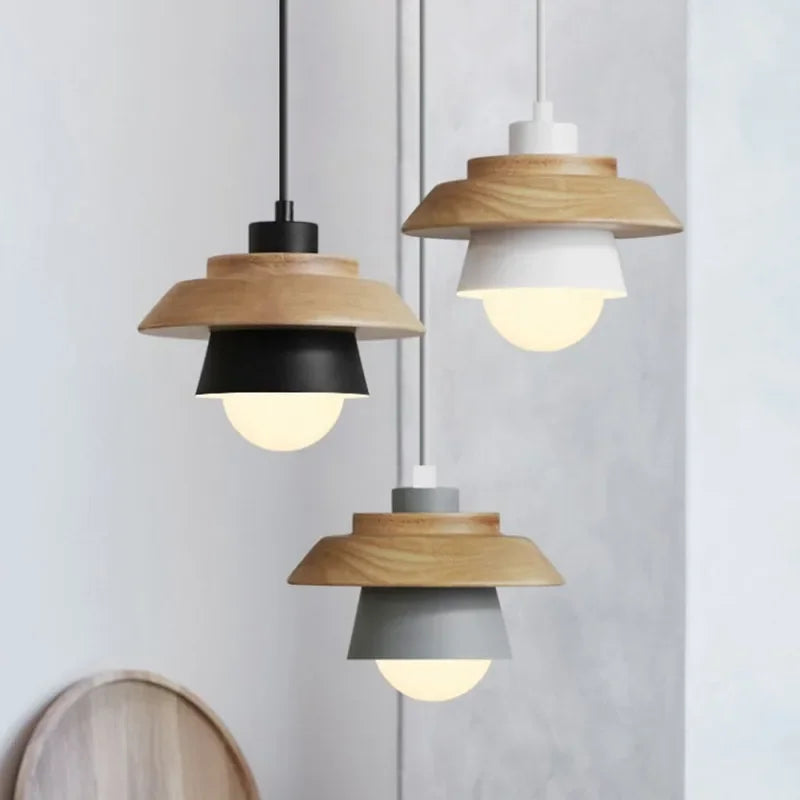 Nordic Wood Pendant Light, Scandinavian Solid Wood Hanging Ceiling Lamp for Dining Room, Living Room, Bedroom and Hallway