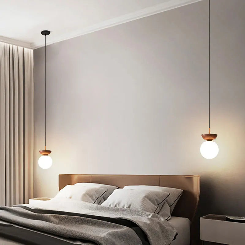 Modern Nordic Glass Ball Ceiling and Pendant Light, Scandinavian Solid Wood and Glass Hanging Lamp for Dining Room, Bedroom and Hallway