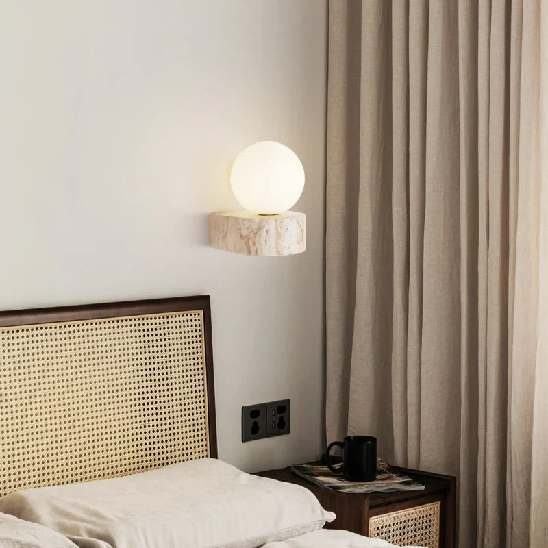 Travertine Stone Wall Lamp, Minimalist Japanese Style Stone LED Sconce, Warm Wall Light for Living Room, Bedroom, Hallway and Stairwell