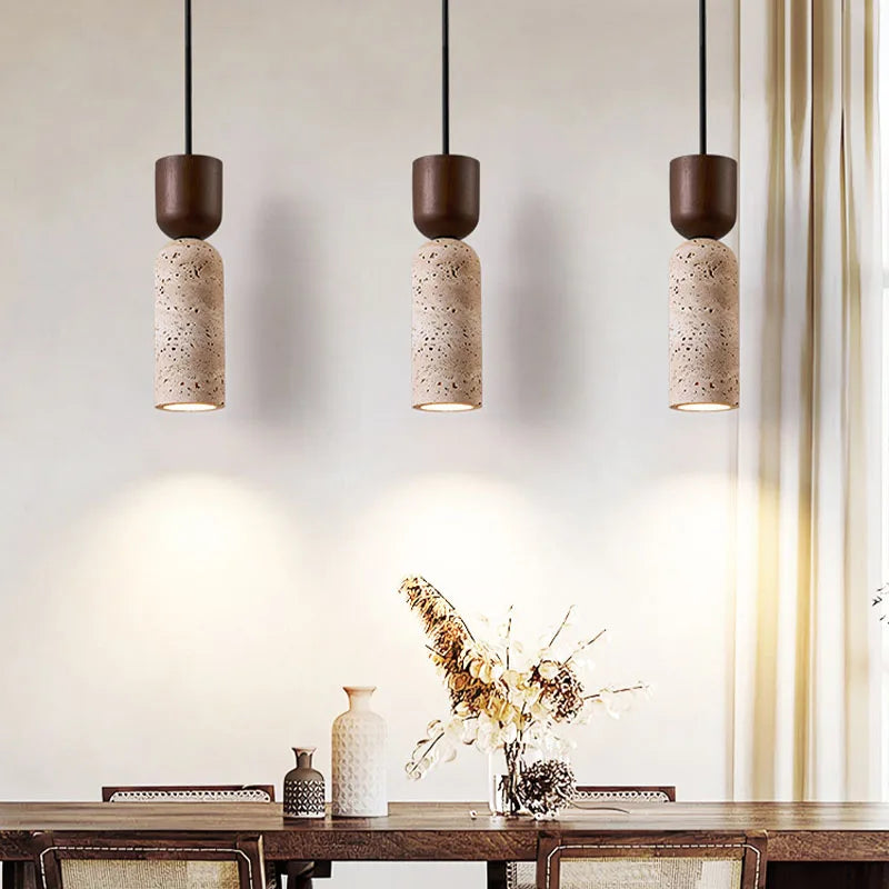 Wabi Sabi Travertine and Wood Pendant Light, Japanese Minimalist Stone Hanging Lamp for Bedroom, Bedside, Living Room and Dining Room