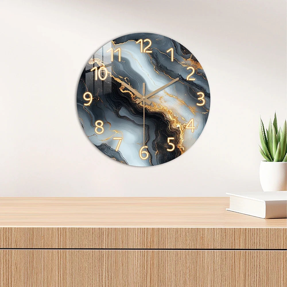 Blue and Gold Marble Wall Clock, Luxury Silent Sweep Solid Wood Clock for Living Room, Bedroom, Hallway and Kitchen
