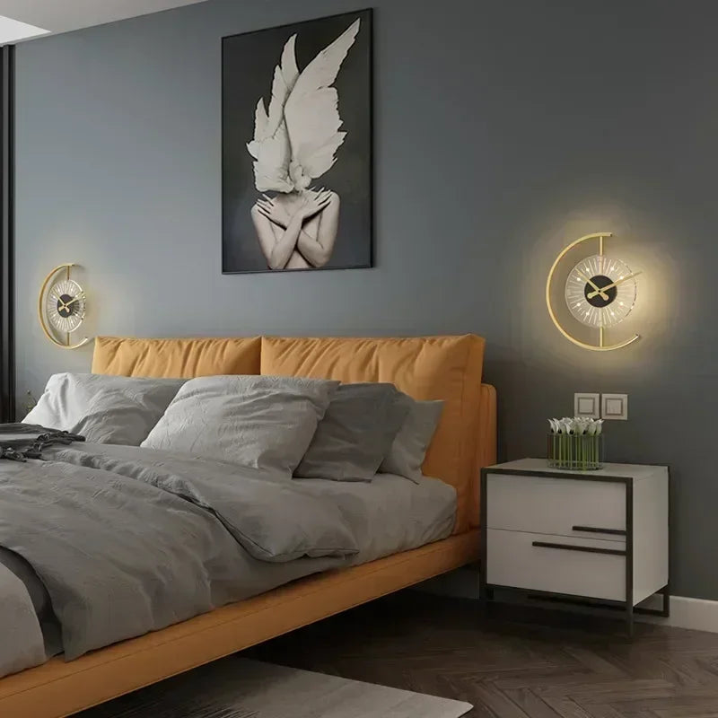Lunaris Wall Lamp Clock, Minimalist LED Wall Sconce and Silent Wall Clock for Living Room, Bedroom, Hallway and Home Office
