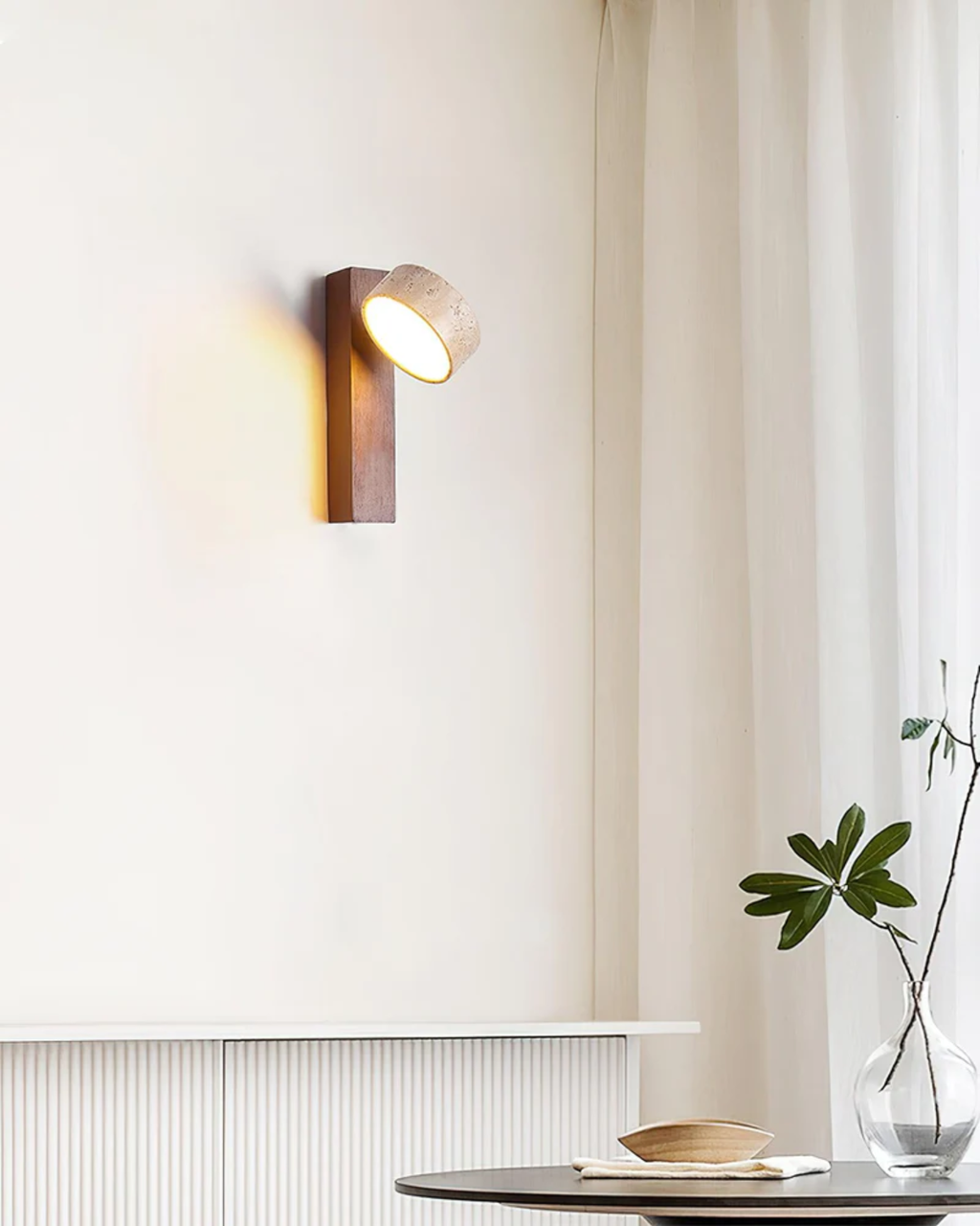 Travertine Wall Lamp, Minimalist Real Stone and Solid Wood Sconce, Soft Glow Wall Light for Hallway, Living Room and Bedroom