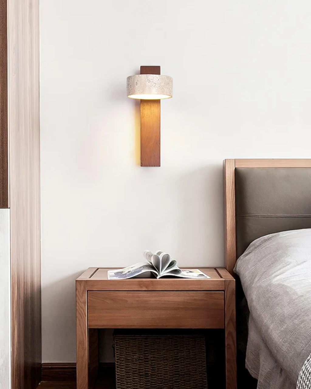 Travertine Wall Lamp, Minimalist Real Stone and Solid Wood Sconce, Soft Glow Wall Light for Hallway, Living Room and Bedroom