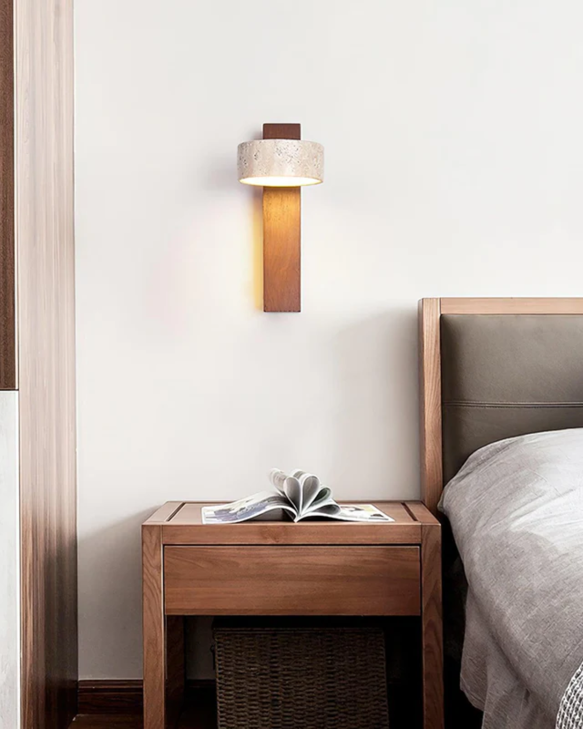 Travertine Wall Lamp, Minimalist Real Stone and Solid Wood Sconce, Soft Glow Wall Light for Hallway, Living Room and Bedroom