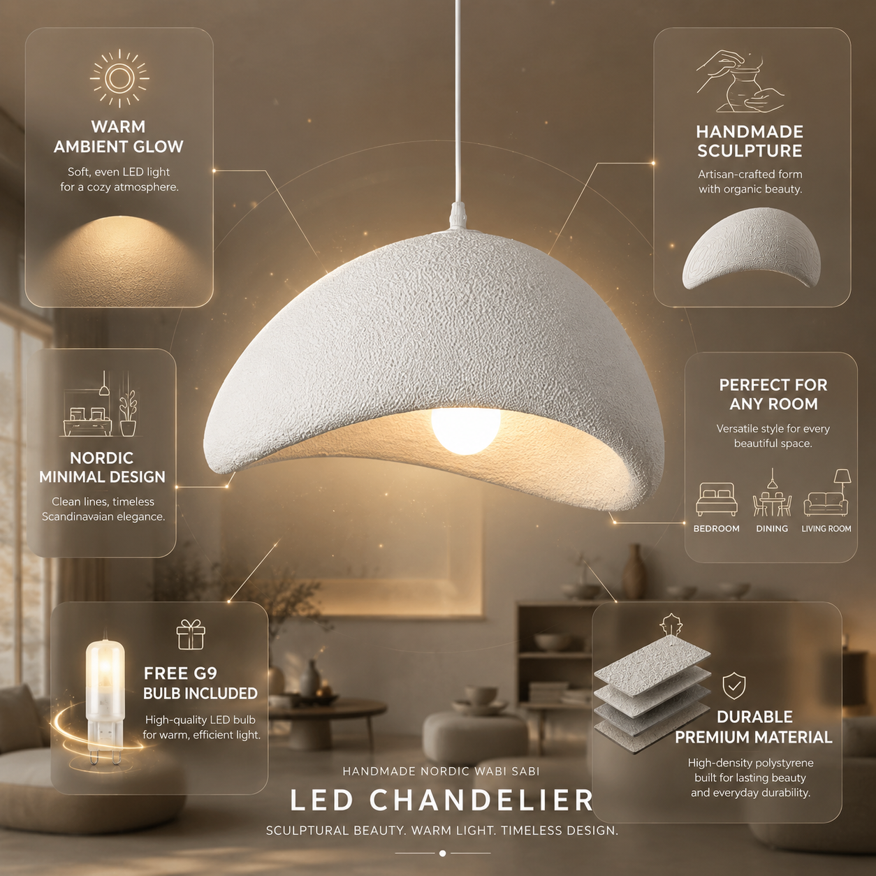 Zenith Glow, Scandinavian Handcrafted LED Pendant Light, Modern Hanging Ceiling Lamp for Dining Room, Living Room and Bedroom