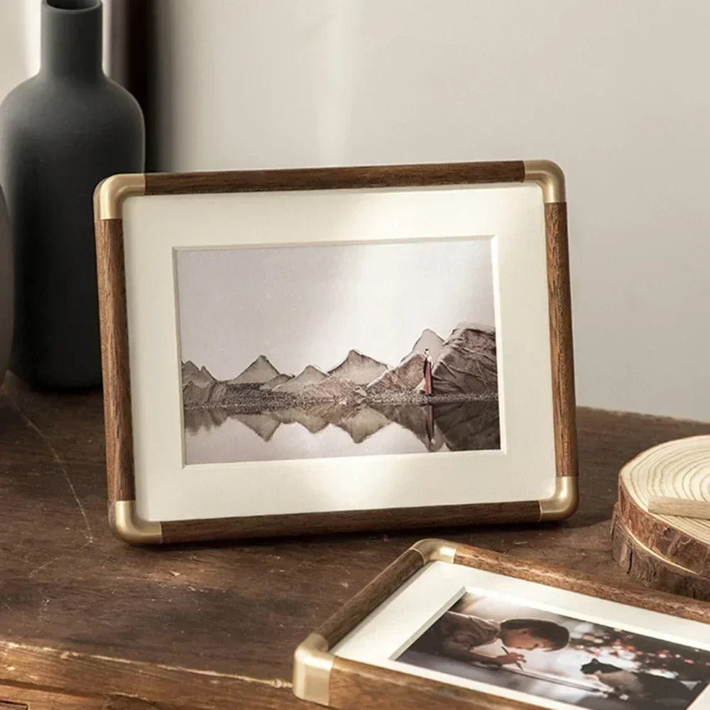 Brooks Tabletop Photo Frame, Vintage Solid Wood and Brushed Metal Picture Frame for Living Room, Bedroom and Hallway