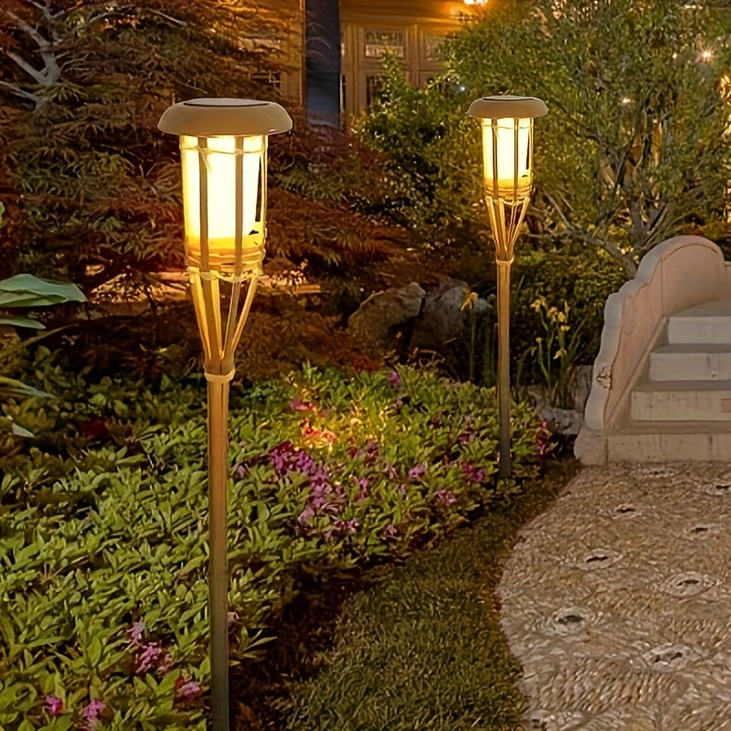 Solar Bamboo Flame Lights 2 Pack, Contemporary Solid Wood and Rattan Solar Garden Lanterns, Outdoor LED Lights for Patio, Path and Lawn