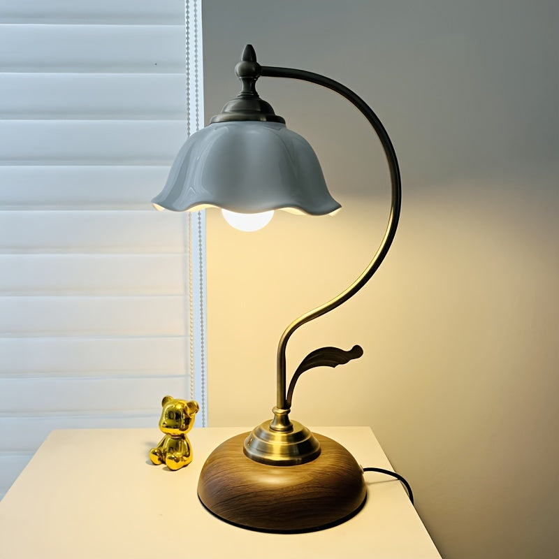 Vintage Goose Neck Table Lamp, Antique Brass Rechargeable Bedside Lamp with USB Port for Bedroom, Home Office and Desk