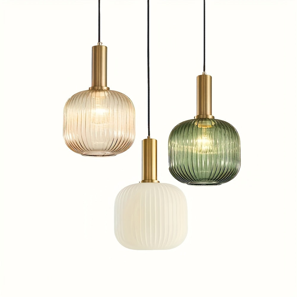 Modern Striped Glass Pendant Light, Minimalist Glass and Brushed Metal Hanging Lamp for Kitchen Island, Dining Room and Hallway