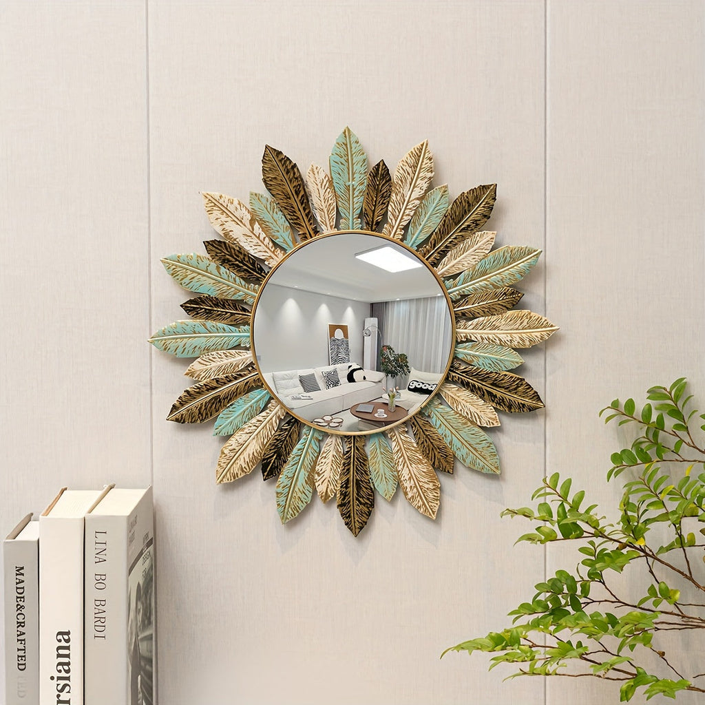 Bohemian Sunburst Metal Wall Mirror, Boho Brushed Metal Decorative Wall Mirror for Bathroom, Hallway and Living Room