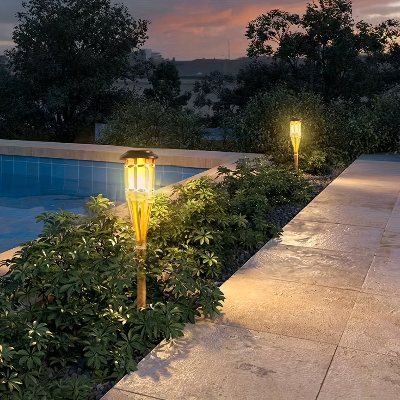 Solar Bamboo Flame Lights 2 Pack, Contemporary Solid Wood and Rattan Solar Garden Lanterns, Outdoor LED Lights for Patio, Path and Lawn