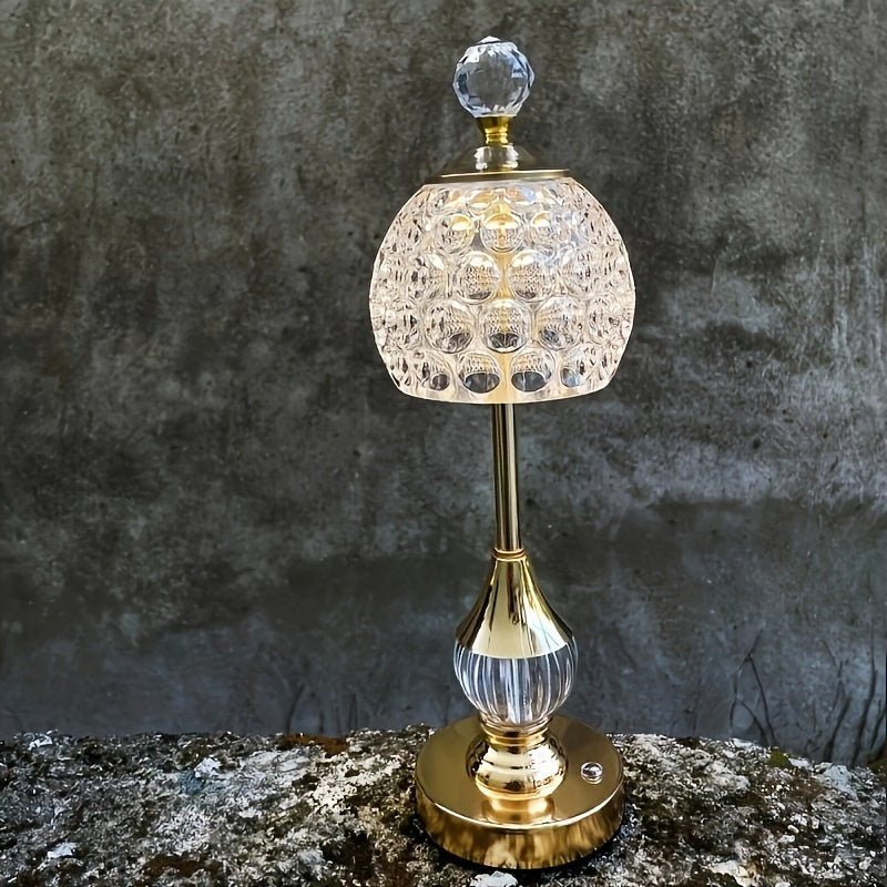 Crystal Touch Table Lamp, Luxury Rechargeable Dimmable LED Glass Bedside Light for Bedroom, Home Office and Living Room
