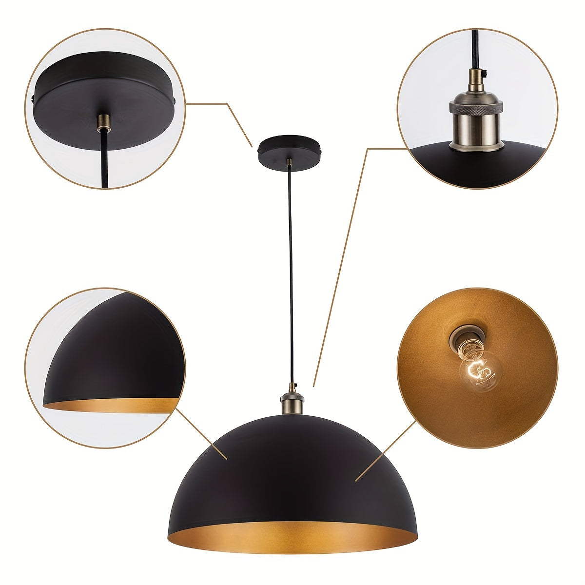 Vintage Industrial Dome Pendant Light, Brushed Metal Ceiling Light, Retro Hanging Lamp for Kitchen Island, Dining Room and Hallway