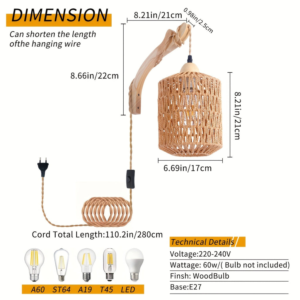 Boho Wood & Rattan Wall Lamp, Handwoven Rattan and Solid Wood Plug In Wall Sconce for Bedroom, Living Room and Hallway