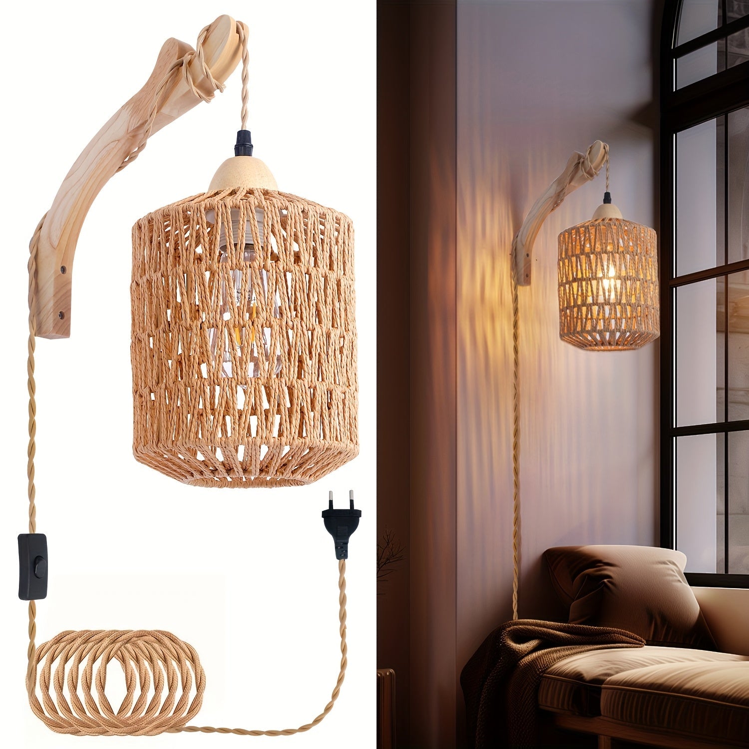 Boho Wood & Rattan Wall Lamp, Handwoven Rattan and Solid Wood Plug In Wall Sconce for Bedroom, Living Room and Hallway