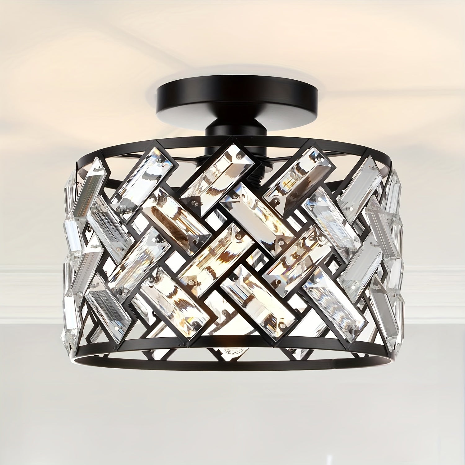 Modern Crystal Semi Flush Mount Ceiling Light, Minimalist Glass Crystal Lamp for Living Room, Bedroom, Hallway and Dining Room