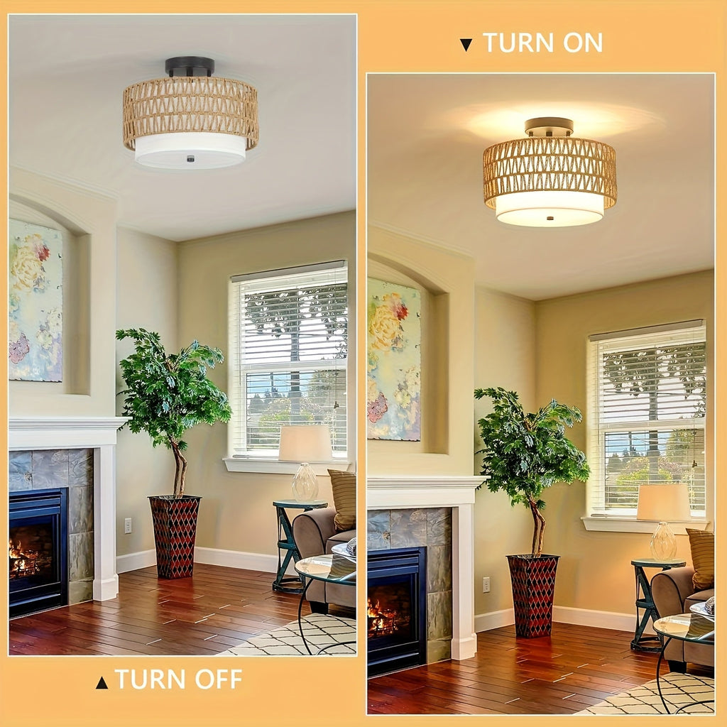 Boho Rattan Ceiling Light, Handwoven Rattan and Woven Fabric Semi Flush Mount, Natural Ceiling Lamp for Living Room, Bedroom and Hallway