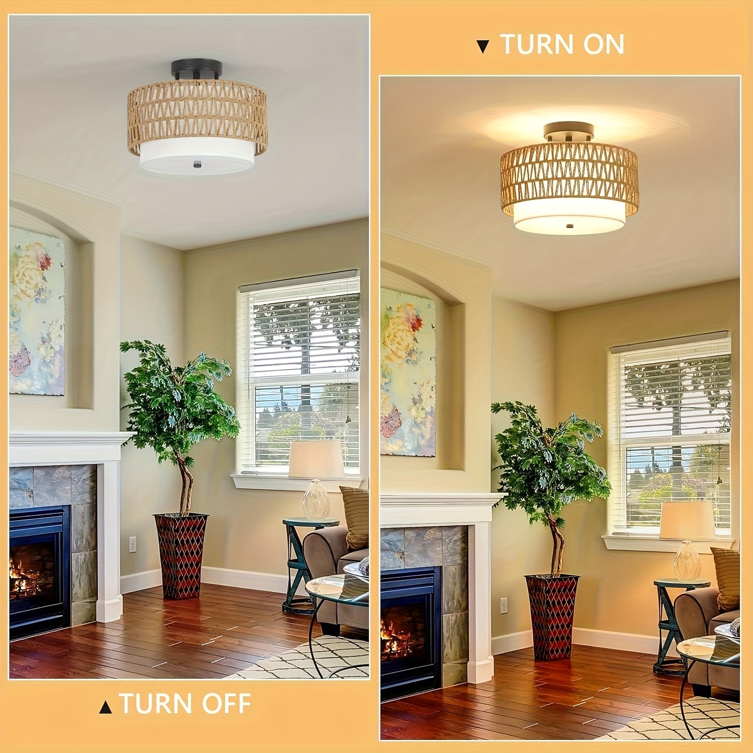 Boho Rattan Ceiling Light, Handwoven Rattan and Woven Fabric Semi Flush Mount, Natural Ceiling Lamp for Living Room, Bedroom and Hallway